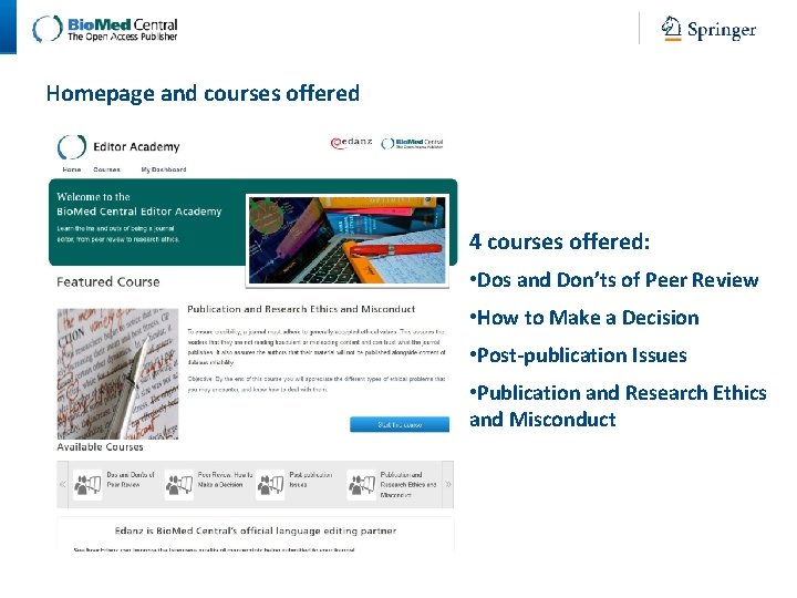 Homepage and courses offered 4 courses offered: • Dos and Don’ts of Peer Review
