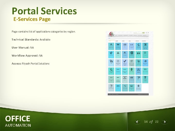 Portal Services E-Services Page contains list of applications categories by region. Technical Standards: Available