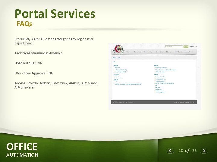 Portal Services FAQs Frequently Asked Questions categories by region and department. Technical Standards: Available