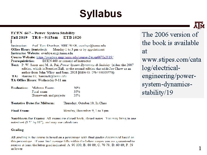 Syllabus The 2006 version of the book is available at www. stipes. com/cata log/electricalengineering/powersystem-dynamicsstability/19