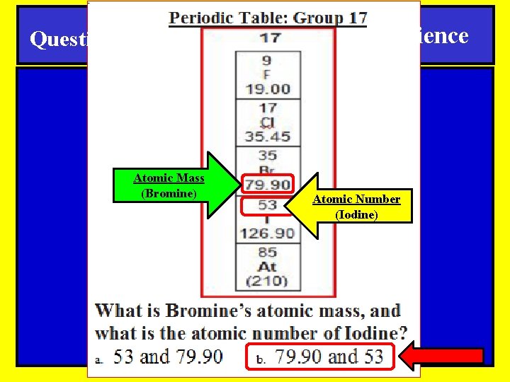 Questions SPI 0807. 9. 9 Periodic Table Atomic Mass (Bromine) Science Atomic Number (Iodine)