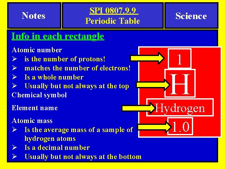 Notes. SPI 0807. 9. 9 Periodic Table Science Info in each rectangle Atomic number