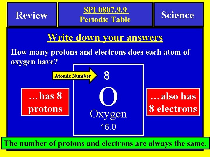 . SPI 0807. 9. 9 Periodic Table Review Science Write down your answers How
