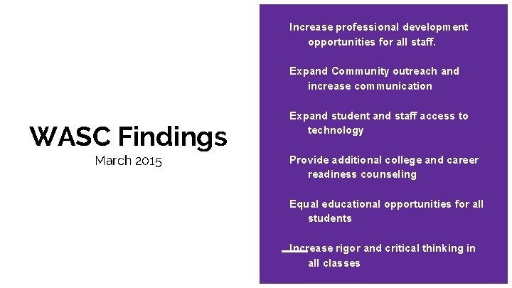 Increase professional development opportunities for all staff. Expand Community outreach and increase communication WASC