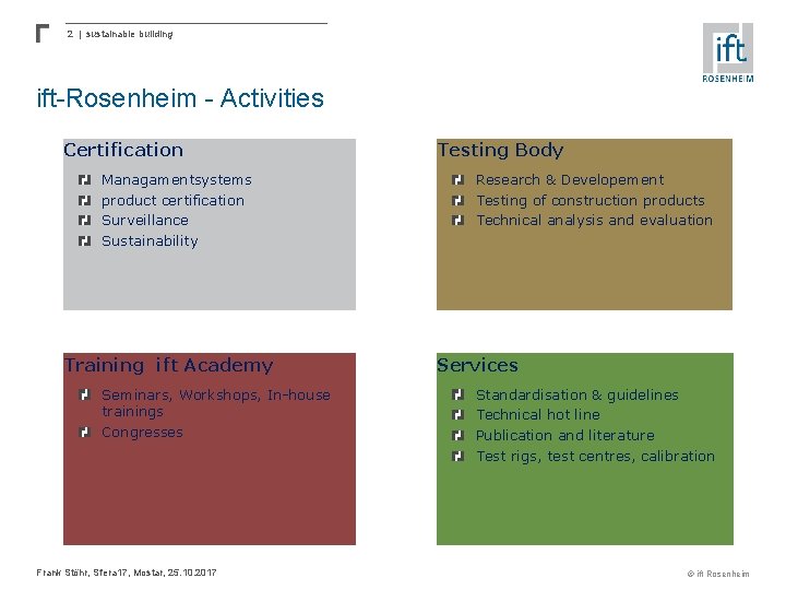 2 | sustainable building ift-Rosenheim - Activities Certification Managamentsystems product certification Surveillance Sustainability Training