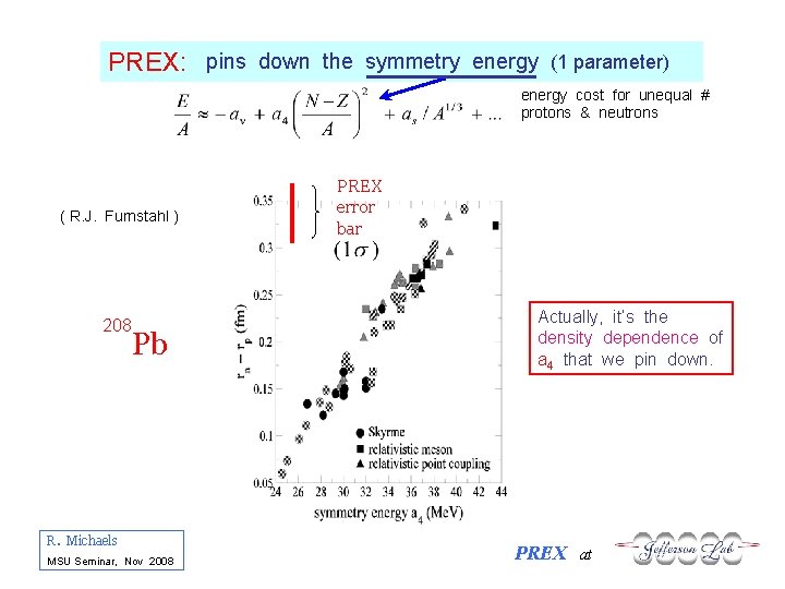 PREX: pins down the symmetry energy (1 parameter) energy cost for unequal # protons