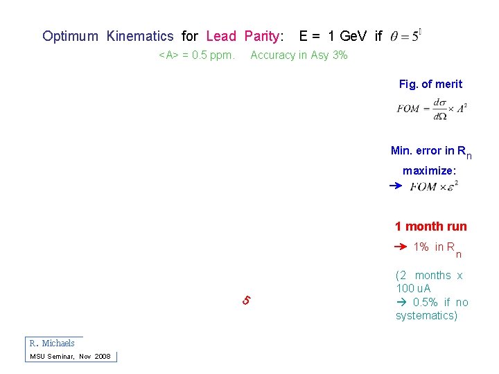 Optimum Kinematics for Lead Parity: <A> = 0. 5 ppm. E = 1 Ge.
