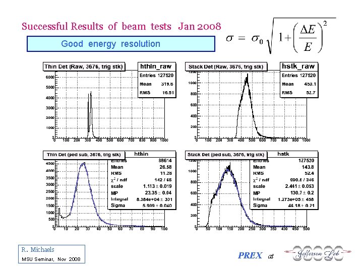 Successful Results of beam tests Jan 2008 Good energy resolution R. Michaels MSU Seminar,