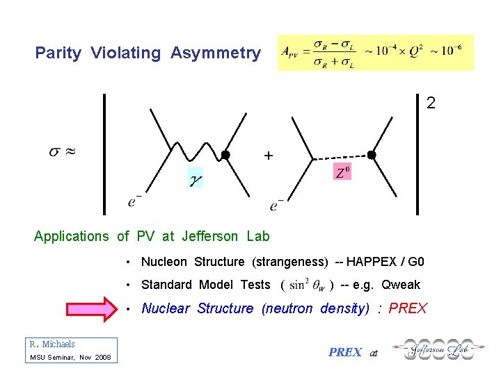 Parity Violating Asymmetry 2 + Applications of PV at Jefferson Lab • Nucleon Structure