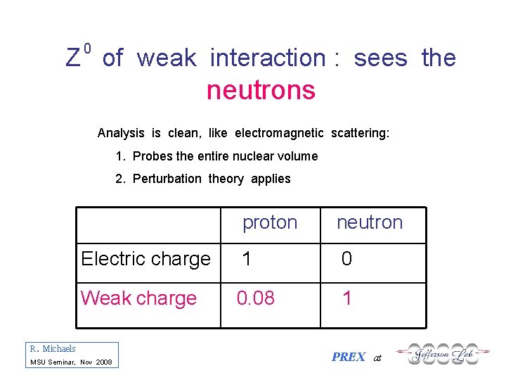 0 Z of weak interaction : sees the neutrons Analysis is clean, like electromagnetic