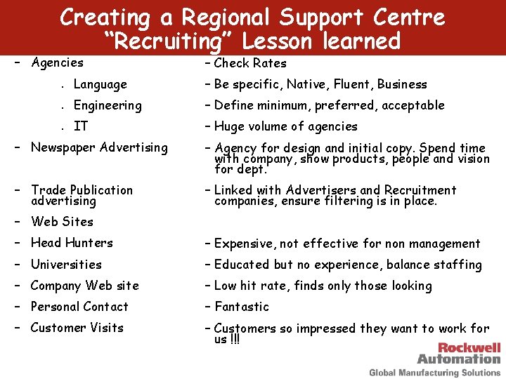 Creating a Regional Support Centre “Recruiting” Lesson learned – Agencies l l l –