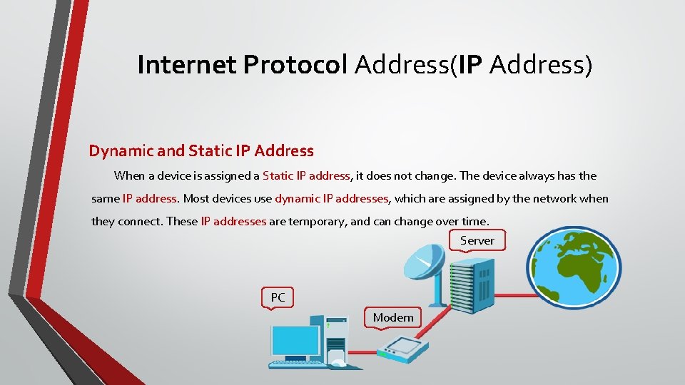 Internet Protocol Address(IP Address) Dynamic and Static IP Address When a device is assigned