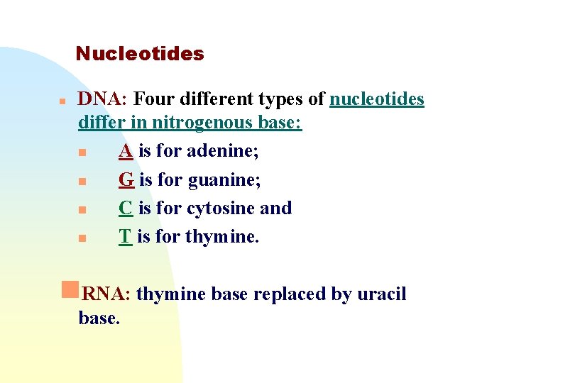 Nucleotides n DNA: Four different types of nucleotides differ in nitrogenous base: n A