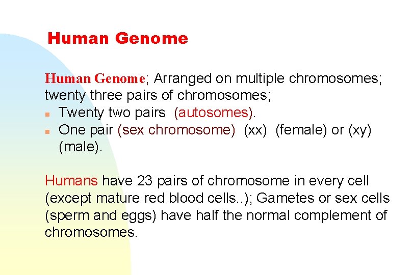 Human Genome; Arranged on multiple chromosomes; twenty three pairs of chromosomes; n Twenty two