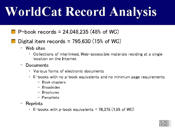 World. Cat Record Analysis P-book records = 24, 048, 235 (48% of WC) Digital