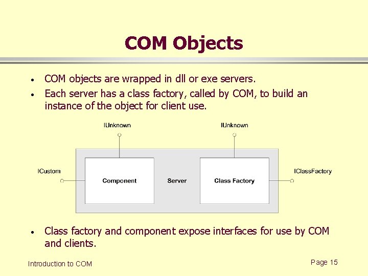 COM Objects · · · COM objects are wrapped in dll or exe servers.