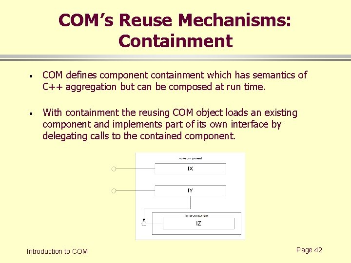 COM’s Reuse Mechanisms: Containment · COM defines component containment which has semantics of C++