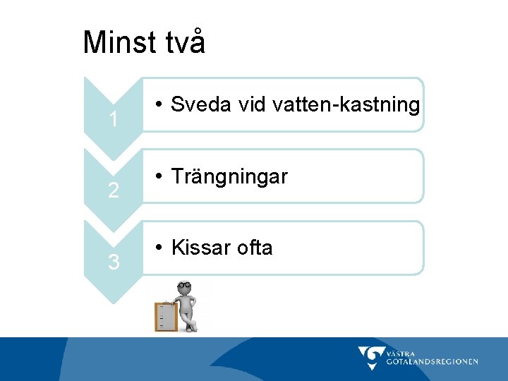 Minst två 1 2 3 • Sveda vid vatten-kastning • Trängningar • Kissar ofta