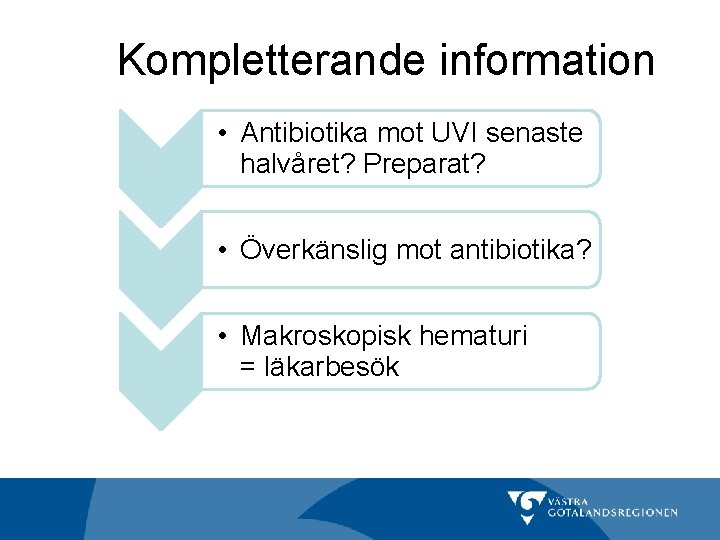 Kompletterande information • Antibiotika mot UVI senaste halvåret? Preparat? • Överkänslig mot antibiotika? •