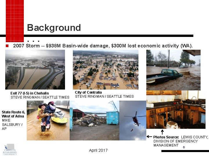  Background. . . 2007 Storm -- $938 M Basin-wide damage, $300 M lost