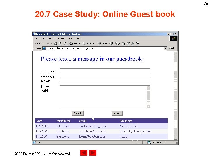 76 20. 7 Case Study: Online Guest book 2002 Prentice Hall. All rights reserved.