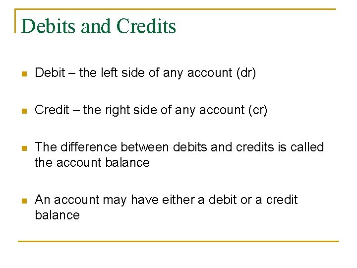 Debits and Credits n Debit – the left side of any account (dr) n
