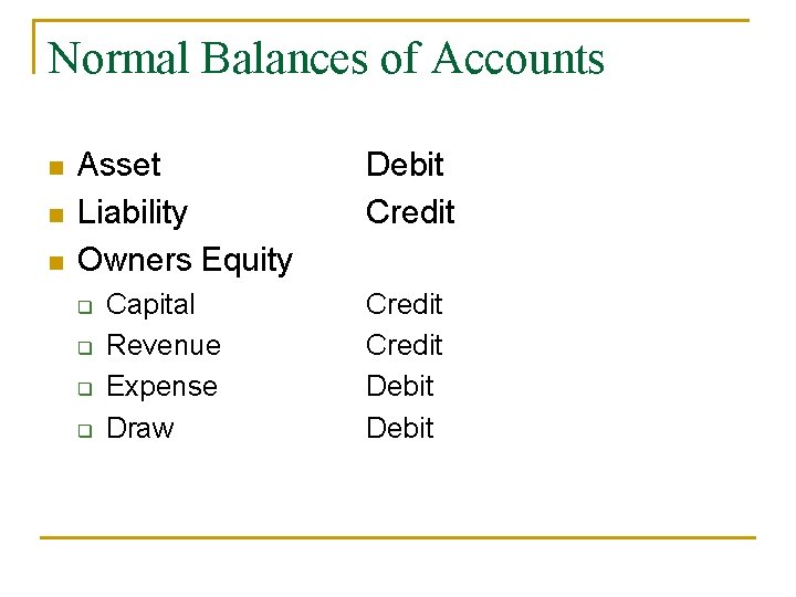 Normal Balances of Accounts n n n Asset Liability Owners Equity q q Capital