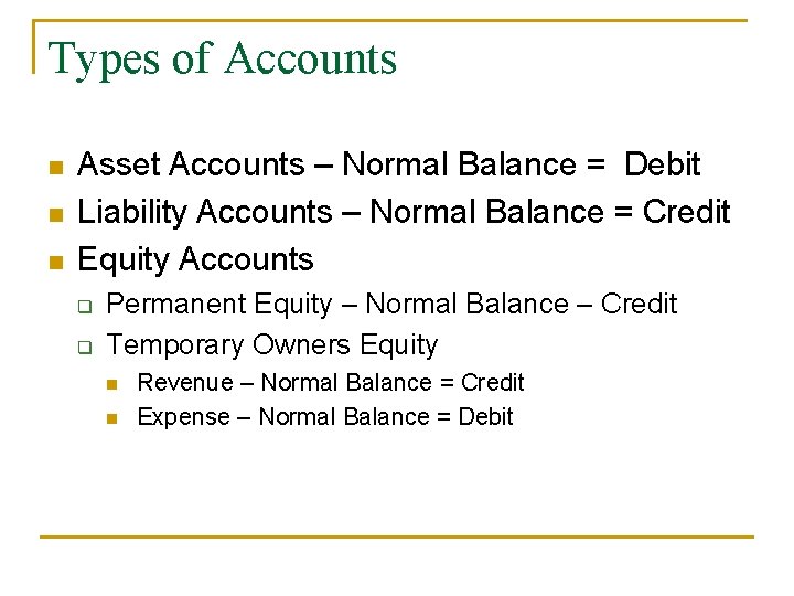 Types of Accounts n n n Asset Accounts – Normal Balance = Debit Liability