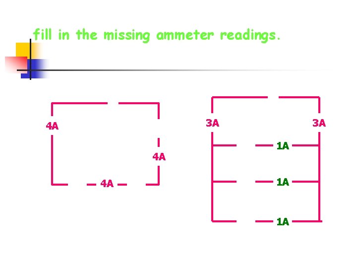 fill in the missing ammeter readings. 3 A ? 4 A ? 4 A