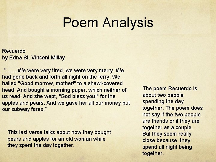 Poem Analysis Recuerdo by Edna St. Vincent Millay “……. We were very tired, we