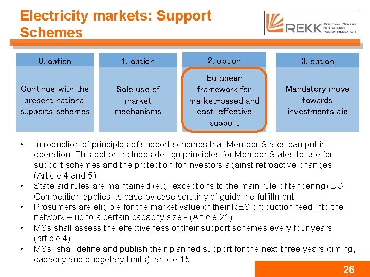 Electricity markets: Support Schemes 0. option Continue with the present national supports schemes •