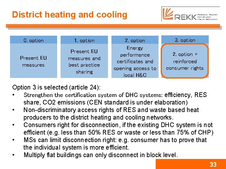 District heating and cooling 0. option 1. option Present EU measures and best practice