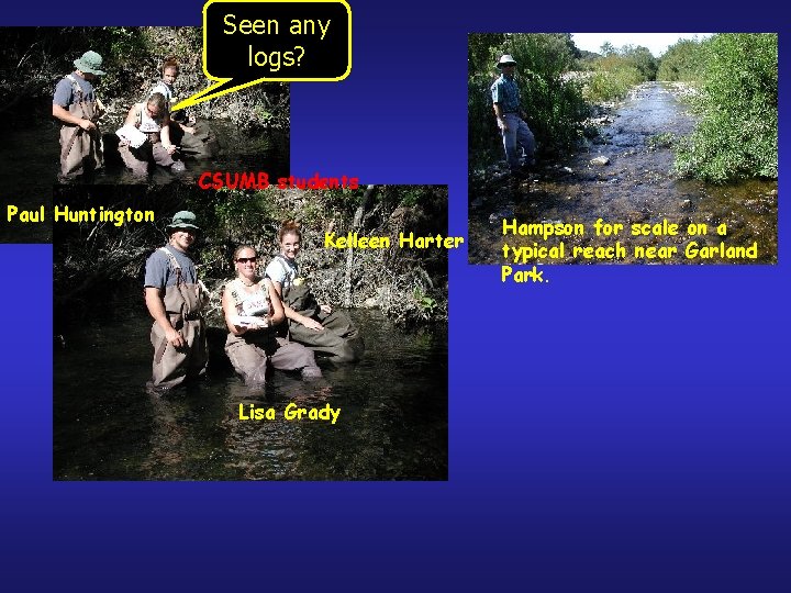 Seen any logs? CSUMB students Paul Huntington Kelleen Harter Lisa Grady Hampson for scale