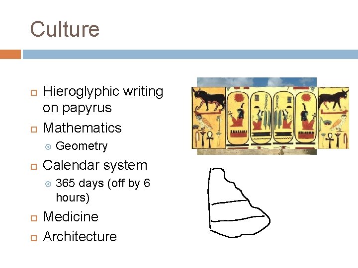 Culture Hieroglyphic writing on papyrus Mathematics Calendar system Geometry 365 days (off by 6
