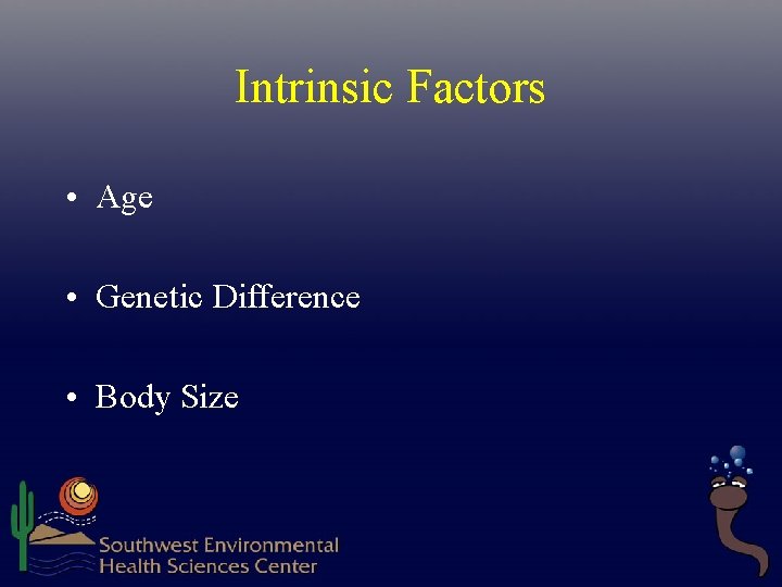 Intrinsic Factors • Age • Genetic Difference • Body Size  Intrinsic Factors • Age • Genetic Difference • Body Size