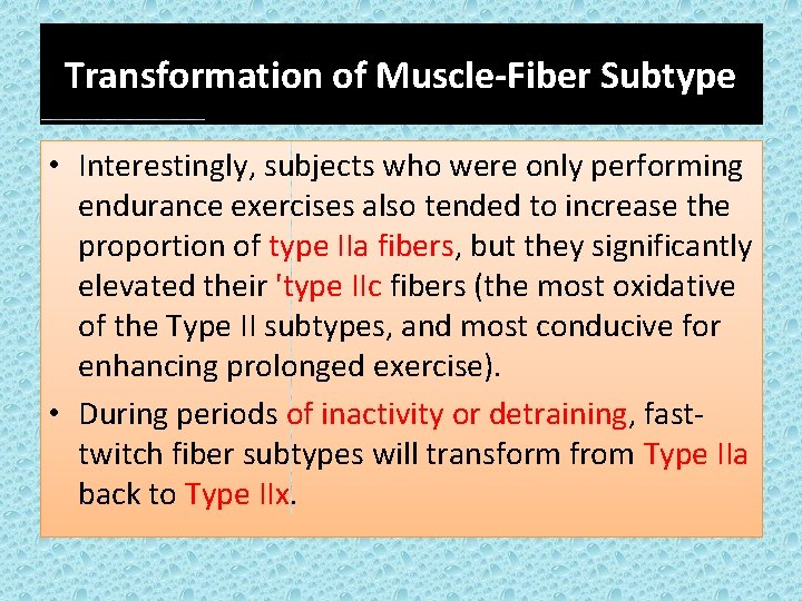 Transformation of Muscle-Fiber Subtype • Interestingly, subjects who were only performing endurance exercises also