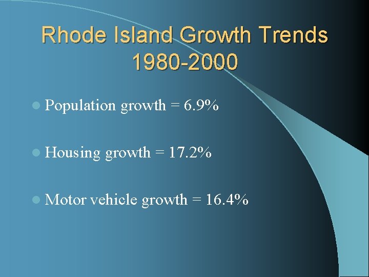 Rhode Island Growth Trends 1980 -2000 l Population l Housing l Motor growth =