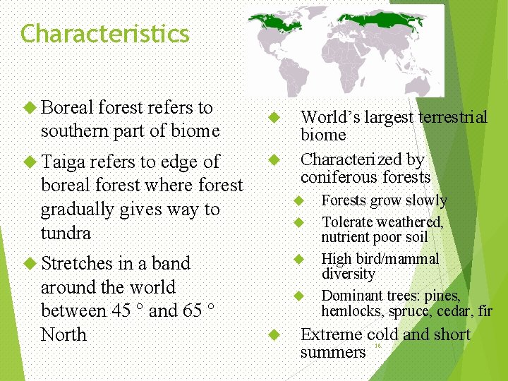 Characteristics Boreal forest refers to southern part of biome Taiga refers to edge of