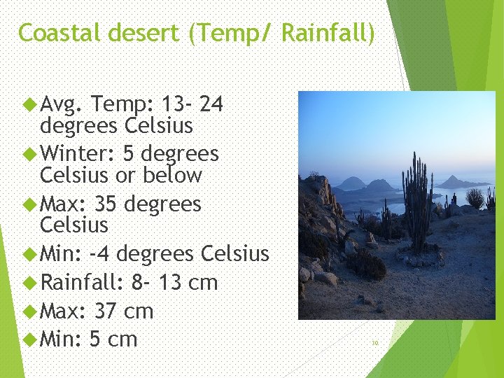 Coastal desert (Temp/ Rainfall) Avg. Temp: 13 - 24 degrees Celsius Winter: 5 degrees