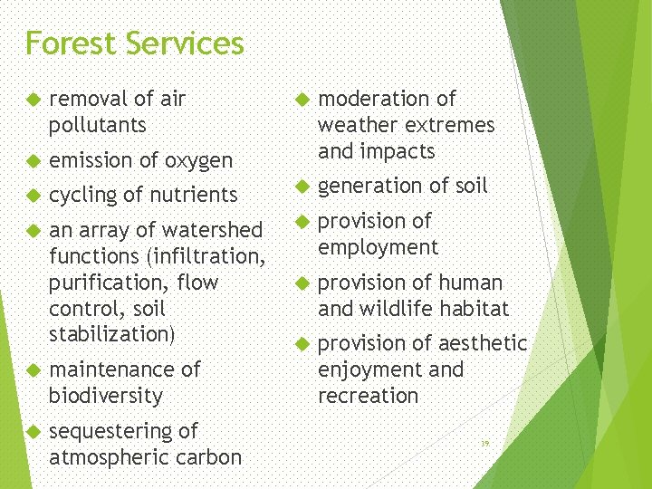 Forest Services removal of air pollutants moderation of weather extremes and impacts emission of