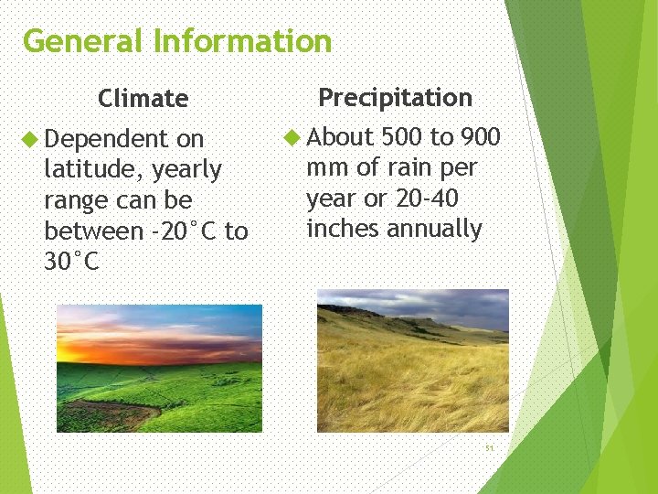 General Information Climate Dependent on latitude, yearly range can be between -20°C to 30°C