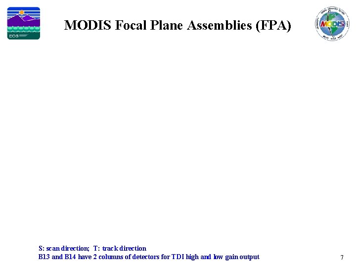 MODIS Focal Plane Assemblies (FPA) S: scan direction; T: track direction B 13 and
