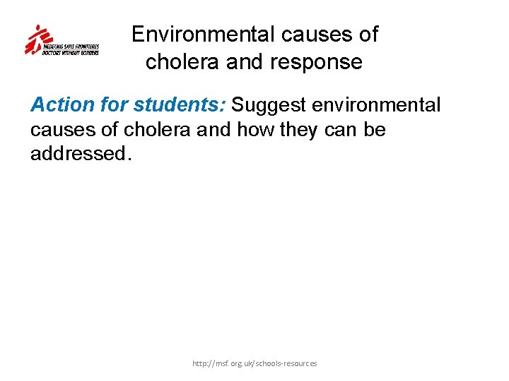 Environmental causes of cholera and response Action for students: Suggest environmental causes of cholera