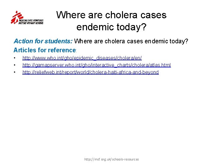 Where are cholera cases endemic today? Action for students: Where are cholera cases endemic