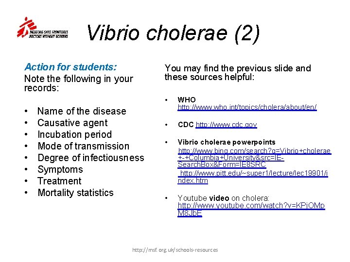 Vibrio cholerae (2) Action for students: Note the following in your records: • Name