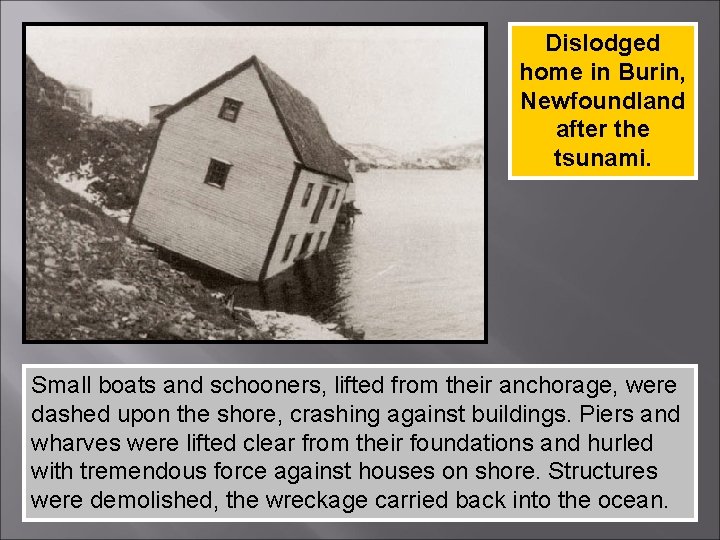 Dislodged home in Burin, Newfoundland after the tsunami. Small boats and schooners, lifted from