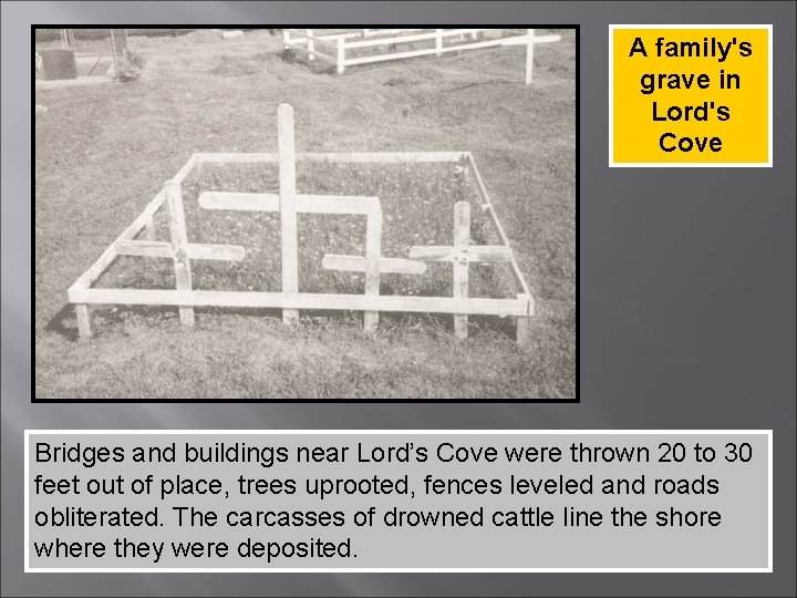A family's grave in Lord's Cove Bridges and buildings near Lord’s Cove were thrown