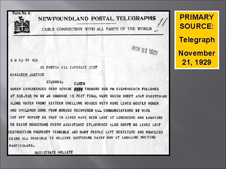 PRIMARY SOURCE: Telegraph November 21, 1929 