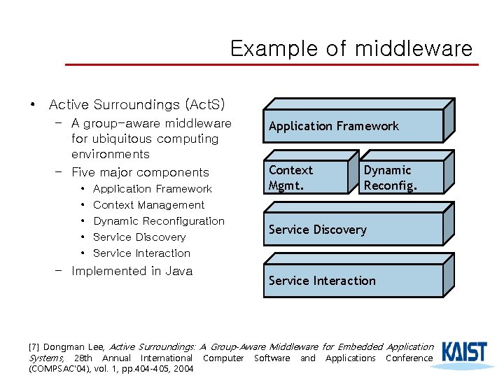 Example of middleware • Active Surroundings (Act. S) – A group-aware middleware for ubiquitous