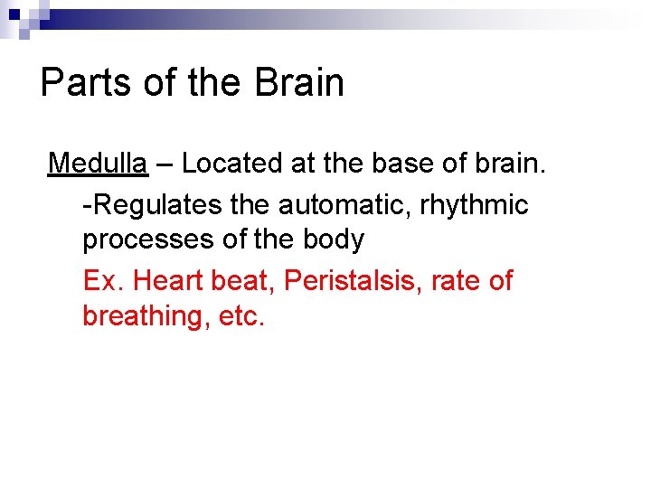 Parts of the Brain Medulla – Located at the base of brain. -Regulates the